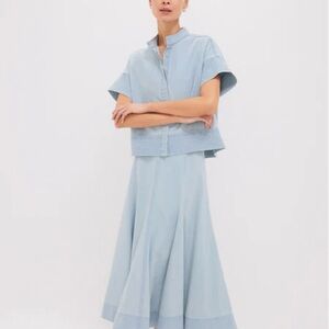 Tuckernuck Light Wash Denim Trapunto Stitch Sofia Shirt and Brynn Skirt.